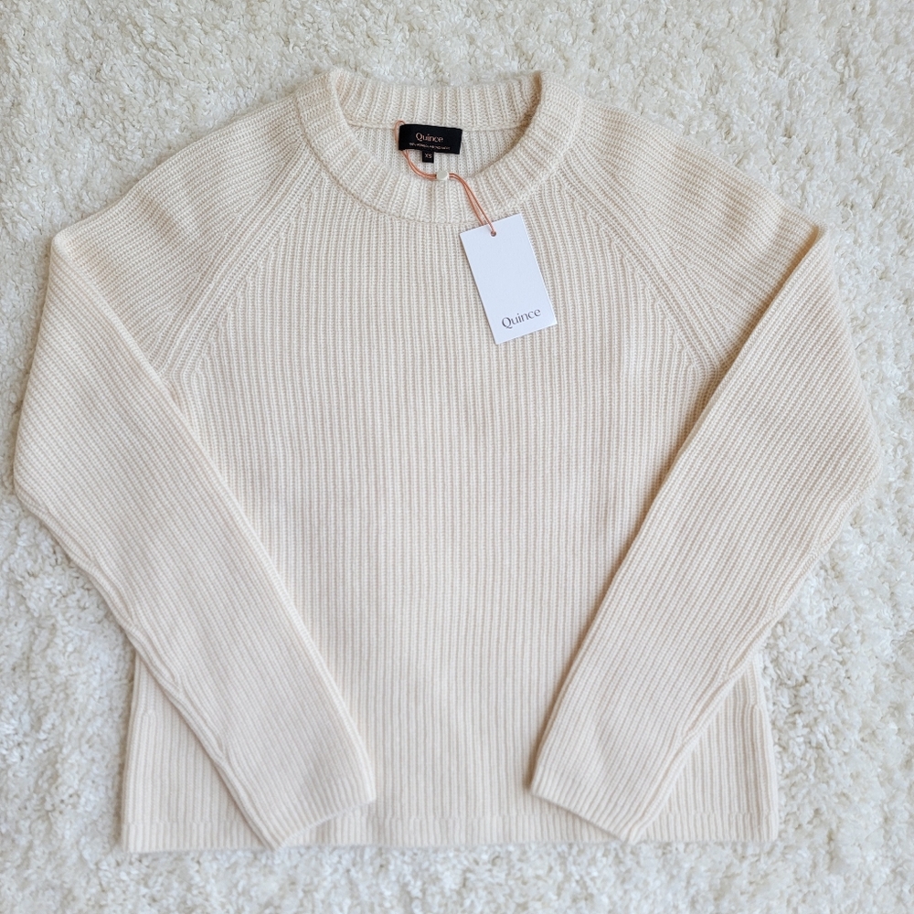 NWT Quince 100% Cashmere Fisherman Crewneck Sweater, Ivory, XS
